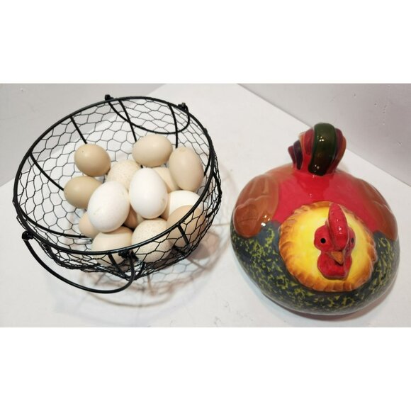 Ceramic Chicken Sitting on Black Metal Egg Basket with Eggs Farmhouse Decor - Picture 12 of 15